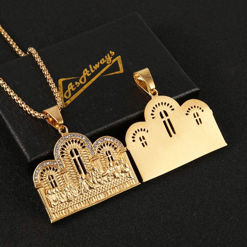 AsAlways Stainless Steel Gold Plated Lord's Supper Cubic Zirconia Last Supper Jesus with His Disciples Pendant Necklace for Men Hip Hop Jewelry - Image 4