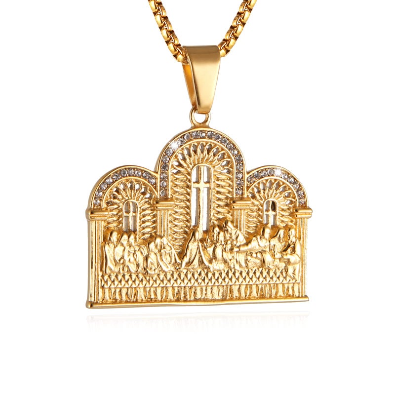AsAlways Stainless Steel Gold Plated Lord's Supper Cubic Zirconia Last Supper Jesus with His Disciples Pendant Necklace for Men Hip Hop Jewelry - Image 1