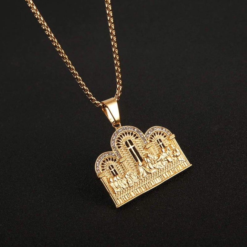 AsAlways Stainless Steel Gold Plated Lord's Supper Cubic Zirconia Last Supper Jesus with His Disciples Pendant Necklace for Men Hip Hop Jewelry - Image 5