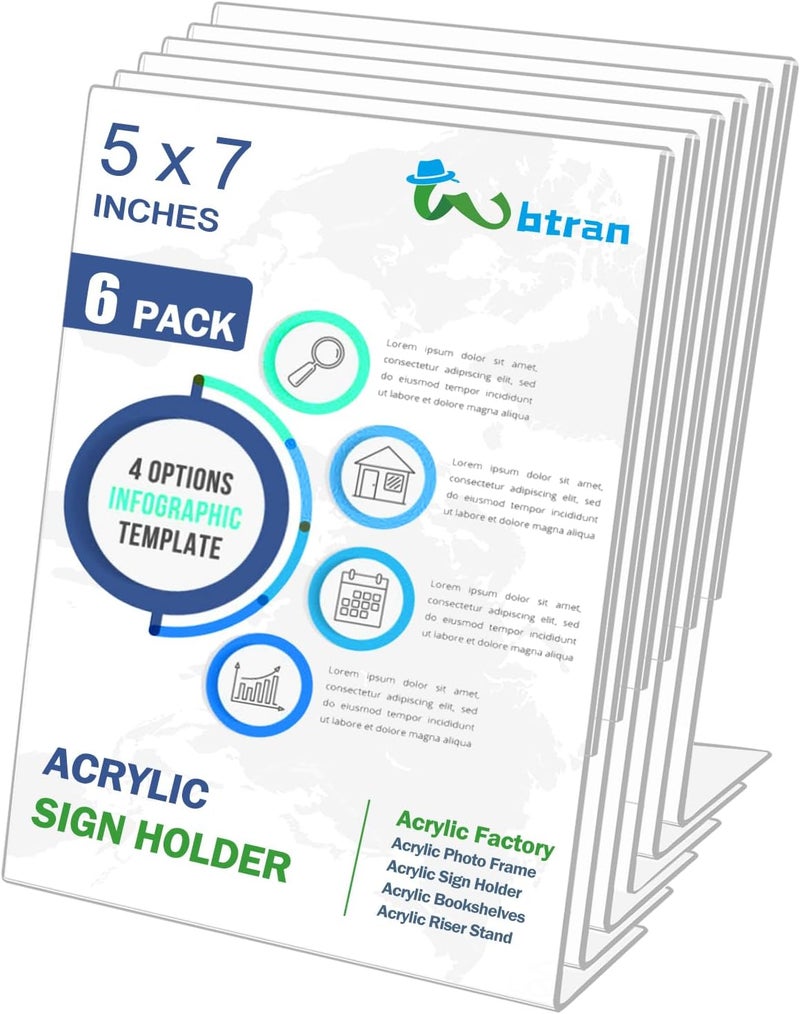 TPGP Wbtran Slanted Back Acrylic Sign Holder 5 x 7, Clear Tabletop Sign Holder (6 Pack) - Image 1