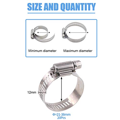 Glarks 20Pcs 304 Stainless Steel Adjustable 21-38MM Range Worm Gear Hose Clamps Assortment Kit, Fuel Line Clamp for Water Pipe, Plumbing, Automotive and Mechanical Application (21-38MM) - Image 2