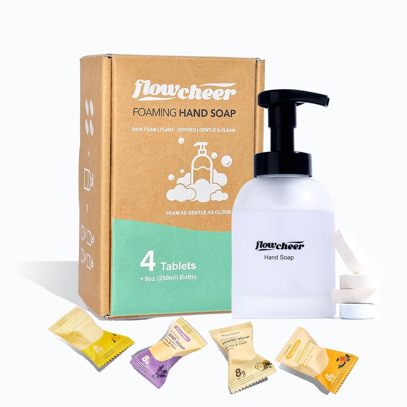 flowcheer Foaming Hand Soap Refill Tablets Glass Foaming Soap Dispenser Combo Frosted Real Glass Bottle 11 oz 4 Refill Tablet Included Start Kit Soap Pump for Bathroom Kitchen Countertop - Image 1