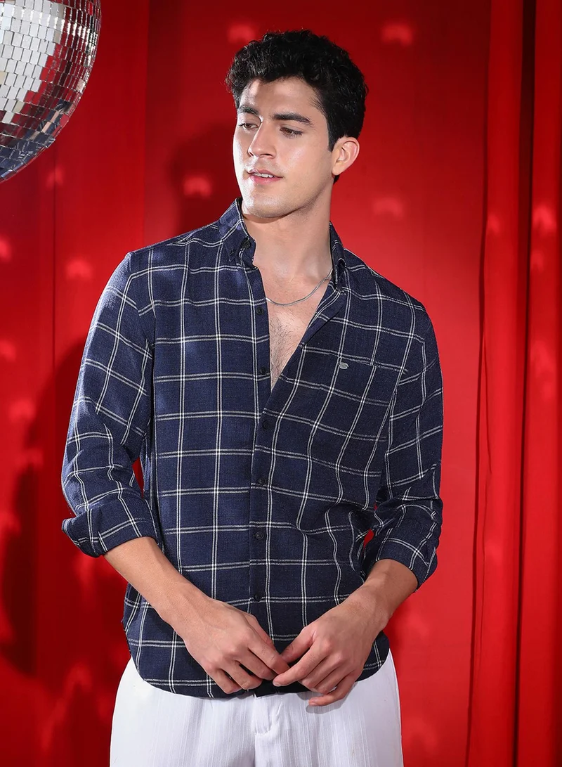 Campus Sutra Campus Sutra Men's Navy Blue BiGraph-Check Shirt For Casual Wear | Spread Collar | Long Cuffed Sleeves | Button Closure | Shirt Crafted With Comfort Fit For Everyday Wear