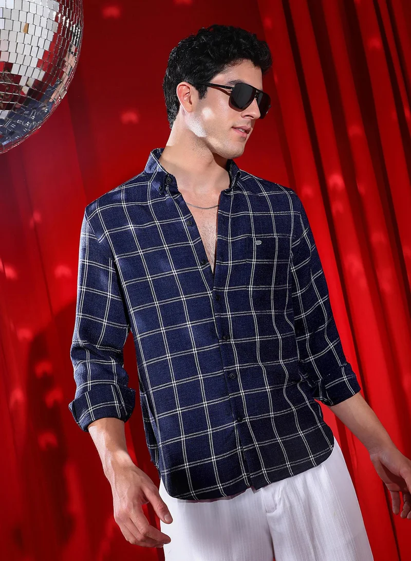 Campus Sutra Campus Sutra Men's Navy Blue BiGraph-Check Shirt For Casual Wear | Spread Collar | Long Cuffed Sleeves | Button Closure | Shirt Crafted With Comfort Fit For Everyday Wear