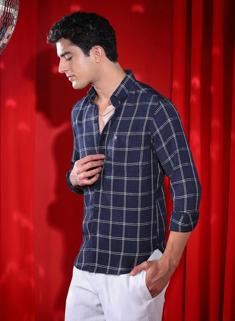 Campus Sutra Campus Sutra Men's Navy Blue BiGraph-Check Shirt For Casual Wear | Spread Collar | Long Cuffed Sleeves | Button Closure | Shirt Crafted With Comfort Fit For Everyday Wear