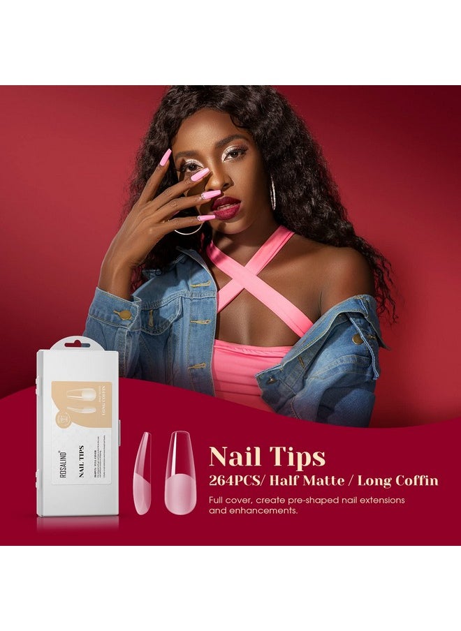 Rosalind Alf Matte Long Coffin Soft Fake Nail Tips, Rosalind 12 Size Soft Full Cover False Nail Tips Half Matte Long Coffin Gel Nail Tips For Nail Extension,Acrylic Nail Tips (One-Sided No File)  - Image 1
