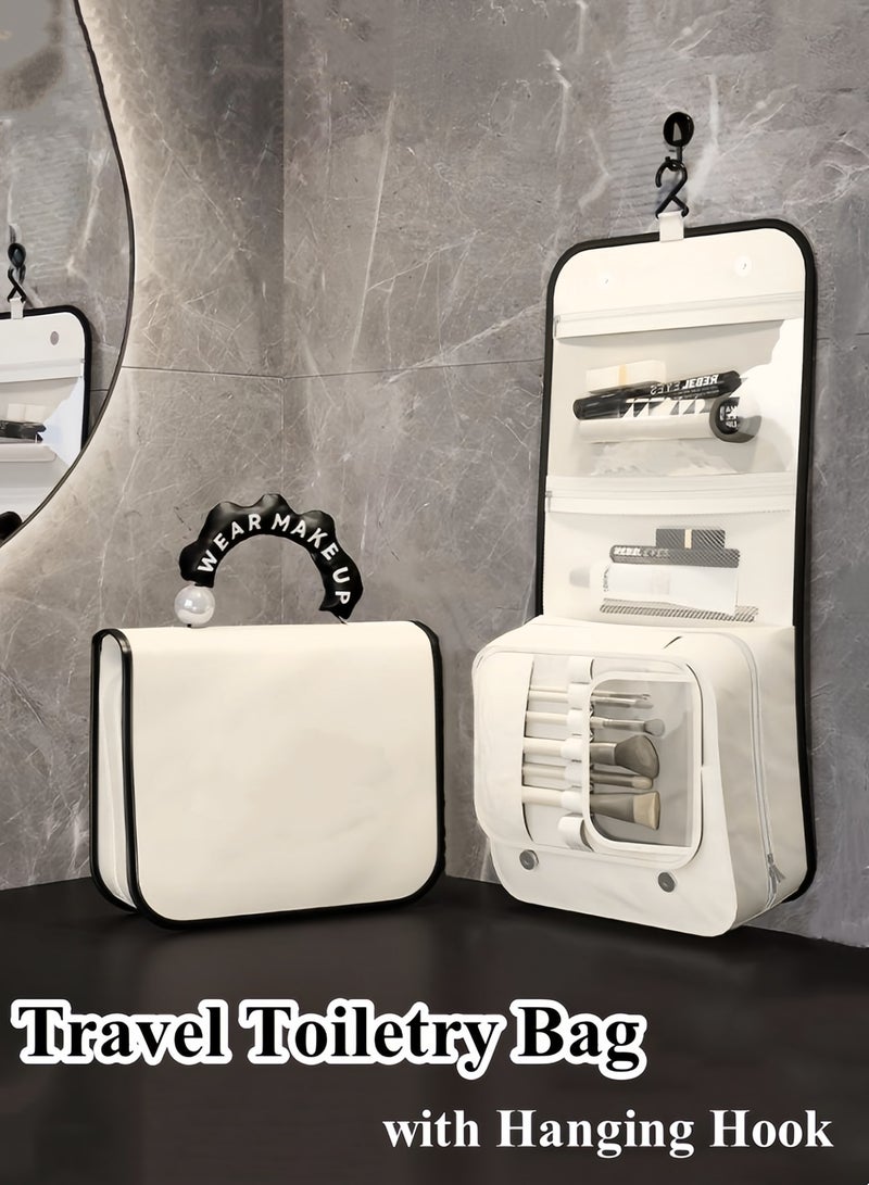 حقيبة أدوات الزينة للسفر معلقة، منظم أدوات الزينة للسفر ومستحضرات التجميل معلق، حقيبة مكياج مع خطاف تعليق، منظم معلق محمول، حقيبة تخزين للحمام، حافظة أدوات مكياج مع حامل شريط مطاطي، فصل جاف ورطب لأدوات الزينة ومستحضرات التجميل والفرش والزجاجة - Image 1