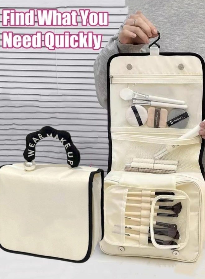 حقيبة أدوات الزينة للسفر معلقة، منظم أدوات الزينة للسفر ومستحضرات التجميل معلق، حقيبة مكياج مع خطاف تعليق، منظم معلق محمول، حقيبة تخزين للحمام، حافظة أدوات مكياج مع حامل شريط مطاطي، فصل جاف ورطب لأدوات الزينة ومستحضرات التجميل والفرش والزجاجة - Image 3