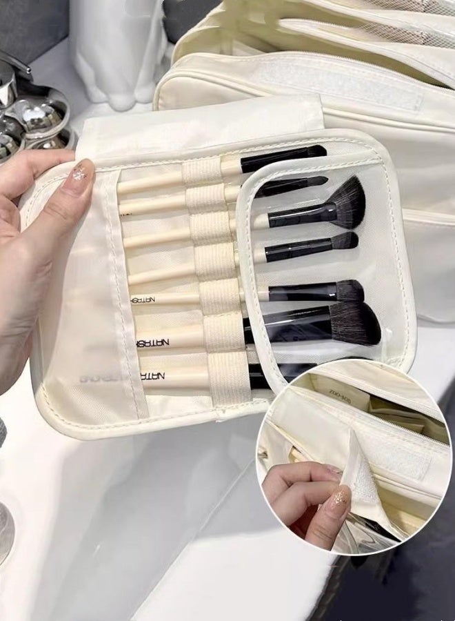 حقيبة أدوات الزينة للسفر معلقة، منظم أدوات الزينة للسفر ومستحضرات التجميل معلق، حقيبة مكياج مع خطاف تعليق، منظم معلق محمول، حقيبة تخزين للحمام، حافظة أدوات مكياج مع حامل شريط مطاطي، فصل جاف ورطب لأدوات الزينة ومستحضرات التجميل والفرش والزجاجة - Image 5