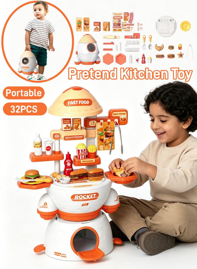 32PCS Kitchen Pretend Play Toy Set Rocket-Shaped Kitchen Playset Toy Kids Role Play Cookware Indoor DIY Toy Games Portable Kitchen Accessories Toys Play Food Toy Pretend Kitchen Toy Set Cooking Toy - Image 1