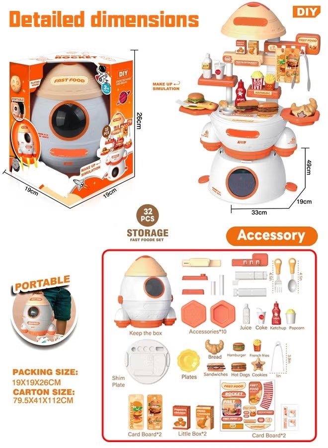 32PCS Kitchen Pretend Play Toy Set Rocket-Shaped Kitchen Playset Toy Kids Role Play Cookware Indoor DIY Toy Games Portable Kitchen Accessories Toys Play Food Toy Pretend Kitchen Toy Set Cooking Toy - Image 2