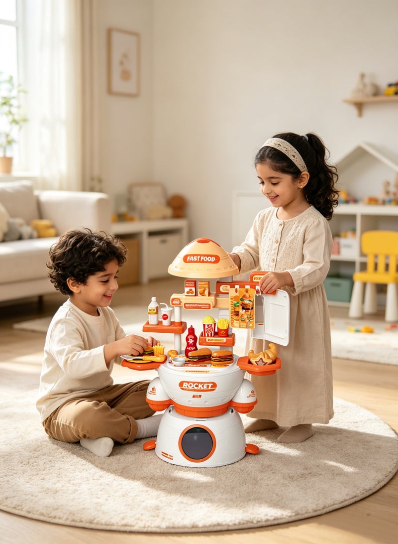 32PCS Kitchen Pretend Play Toy Set Rocket-Shaped Kitchen Playset Toy Kids Role Play Cookware Indoor DIY Toy Games Portable Kitchen Accessories Toys Play Food Toy Pretend Kitchen Toy Set Cooking Toy - Image 3