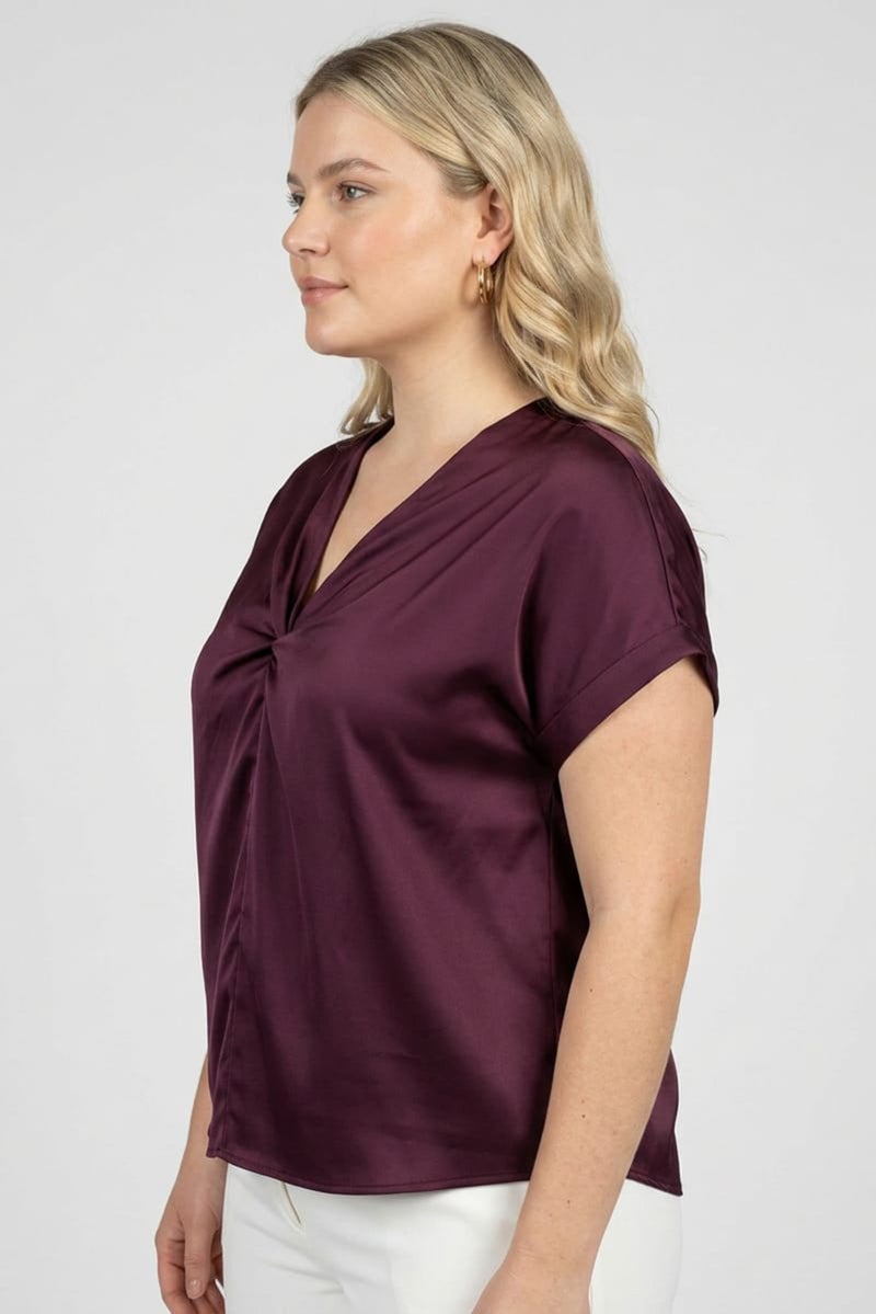 bebe Women V-Neck Short Sleeve Plain Blouse, Dark Purple - Image 4