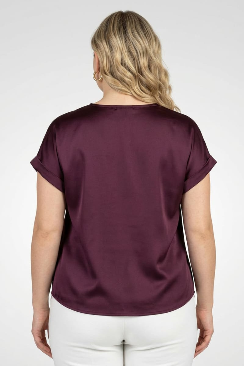 bebe Women V-Neck Short Sleeve Plain Blouse, Dark Purple - Image 5
