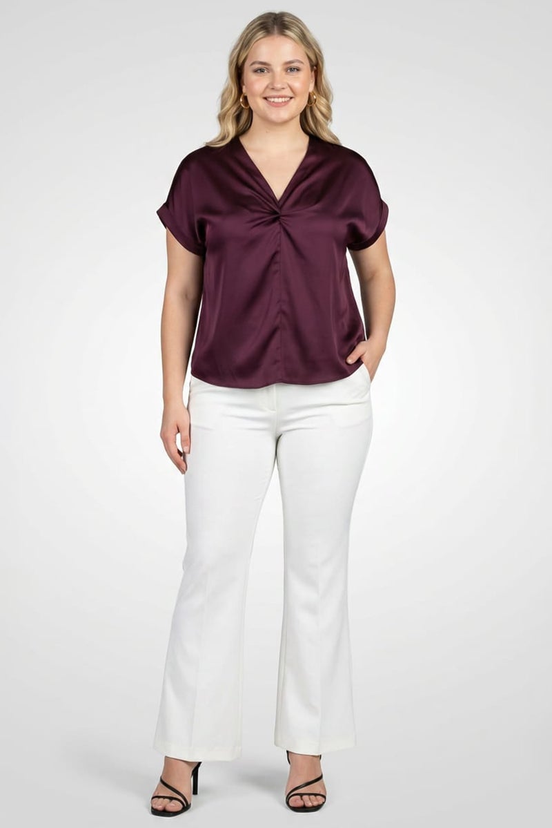 bebe Women V-Neck Short Sleeve Plain Blouse, Dark Purple - Image 2