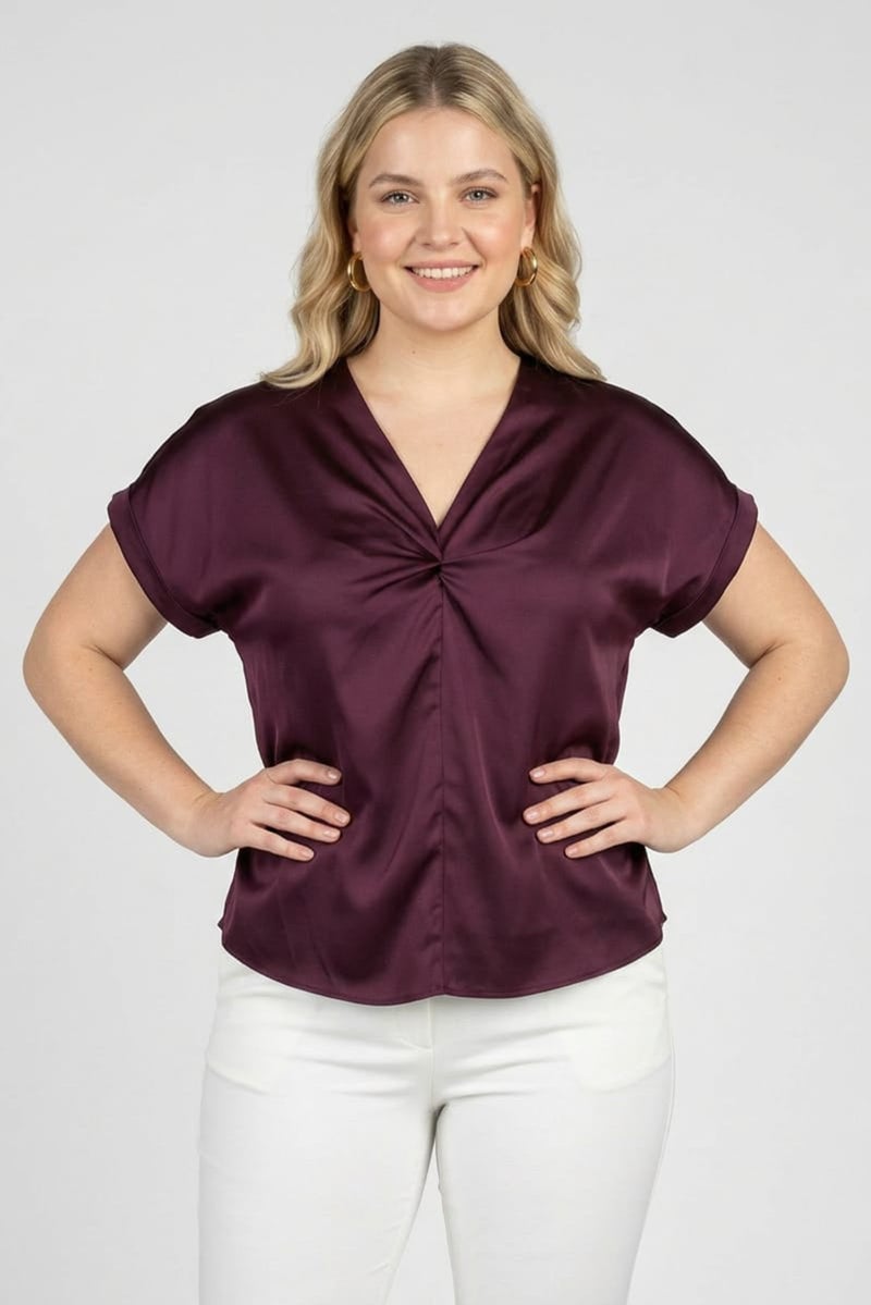 bebe Women V-Neck Short Sleeve Plain Blouse, Dark Purple - Image 1