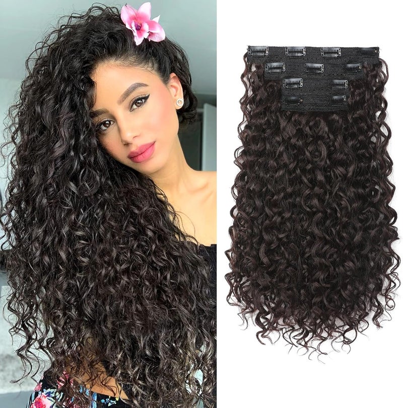 Flufymooz Clip in Hair Extensions, 4PC 100％ Pure Protein Silk Hair Extensions Long Soft Natural Hairpiece 16 Inch Curly Hairpiece for Women (Dark Chocolate Brown) - Image 1