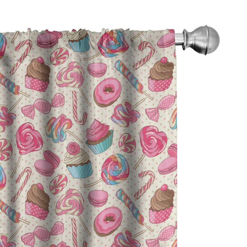 أمبيسون Ambesonne Candy Cane Window Stretains حزمة من 2 لذيذ المصاصة Candy Macaroon Cupcake و Donut on Dots Pattern Lightweight مع Rod Pocket 4 لوحات - 28 "× 84" كريم الوردي - Image 1
