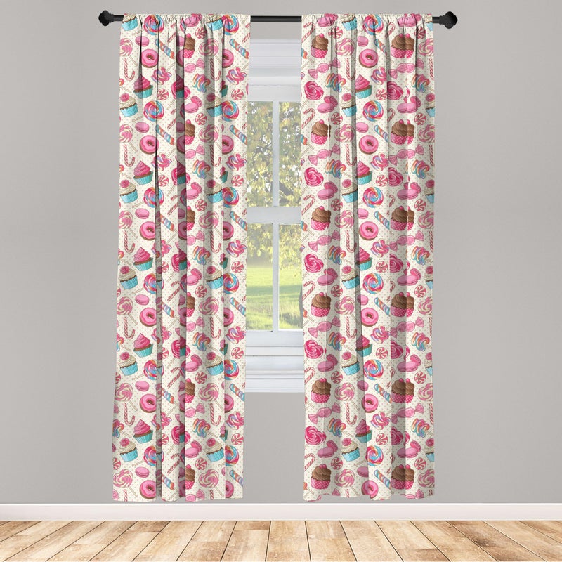 أمبيسون Ambesonne Candy Cane Window Stretains حزمة من 2 لذيذ المصاصة Candy Macaroon Cupcake و Donut on Dots Pattern Lightweight مع Rod Pocket 4 لوحات - 28 "× 84" كريم الوردي - Image 2