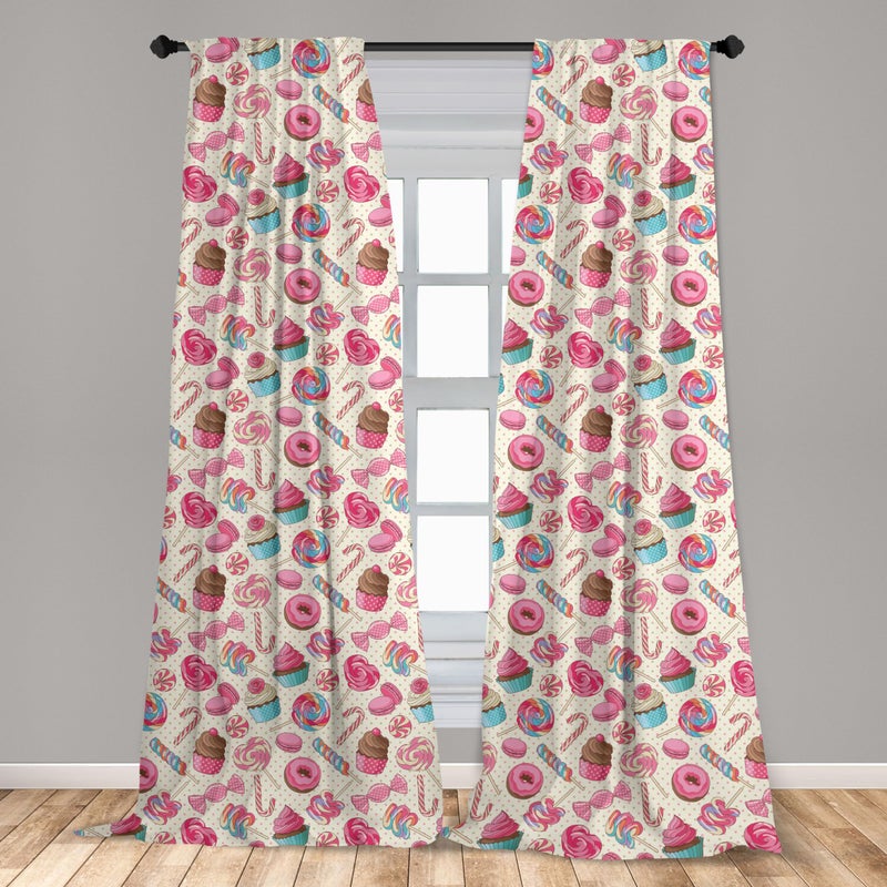 أمبيسون Ambesonne Candy Cane Window Stretains حزمة من 2 لذيذ المصاصة Candy Macaroon Cupcake و Donut on Dots Pattern Lightweight مع Rod Pocket 4 لوحات - 28 "× 84" كريم الوردي - Image 3