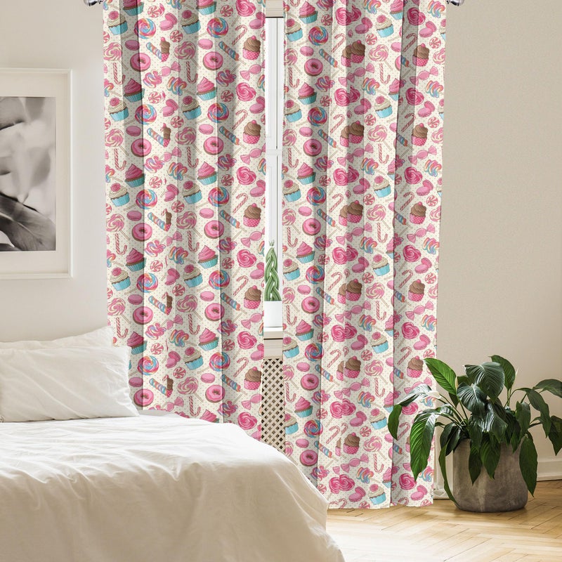 أمبيسون Ambesonne Candy Cane Window Stretains حزمة من 2 لذيذ المصاصة Candy Macaroon Cupcake و Donut on Dots Pattern Lightweight مع Rod Pocket 4 لوحات - 28 "× 84" كريم الوردي - Image 4