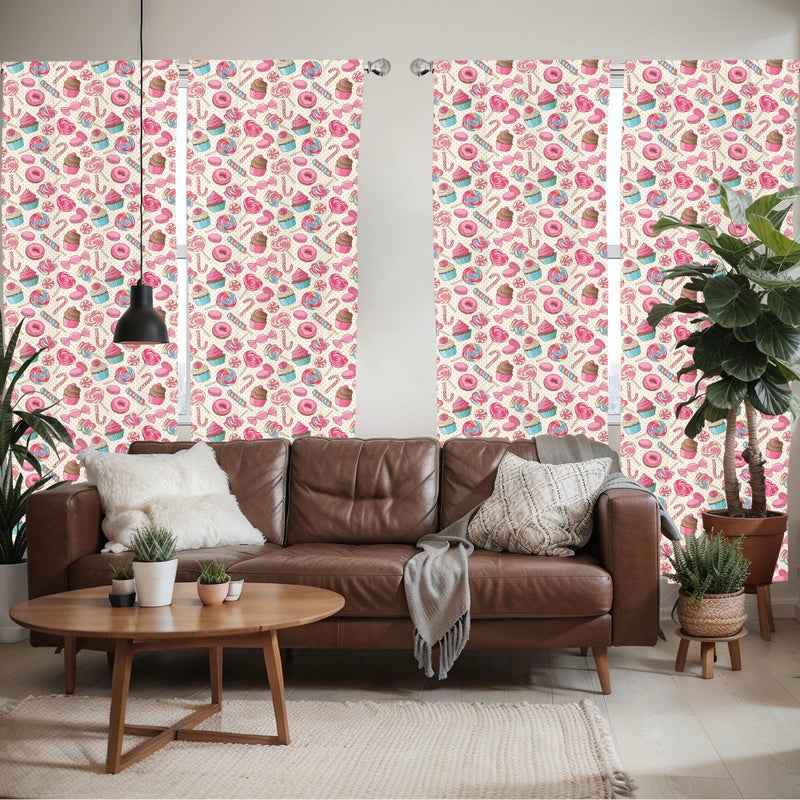 أمبيسون Ambesonne Candy Cane Window Stretains حزمة من 2 لذيذ المصاصة Candy Macaroon Cupcake و Donut on Dots Pattern Lightweight مع Rod Pocket 4 لوحات - 28 "× 84" كريم الوردي - Image 5