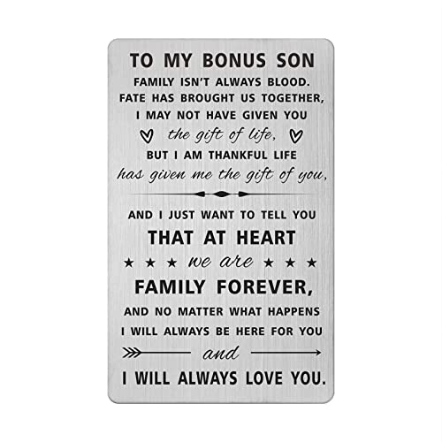 SOUSYOKYO Step Bonus Son Card, Stepson Wedding Day Gifts from Stepmom Stepdad, Engraved Wallet Card for Step Son Fathers Day Birthday Graduation, Adopted Sons Gifts - Image 1