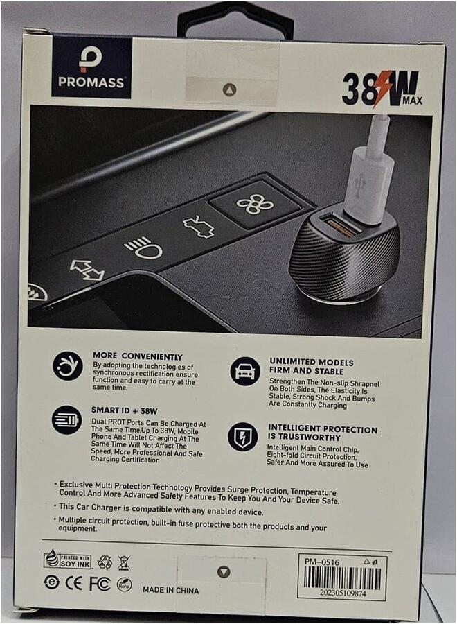 PROMASS Premium Dual -Ports  Fast Car Charger PD20W+QC18W Black Colour - Image 2
