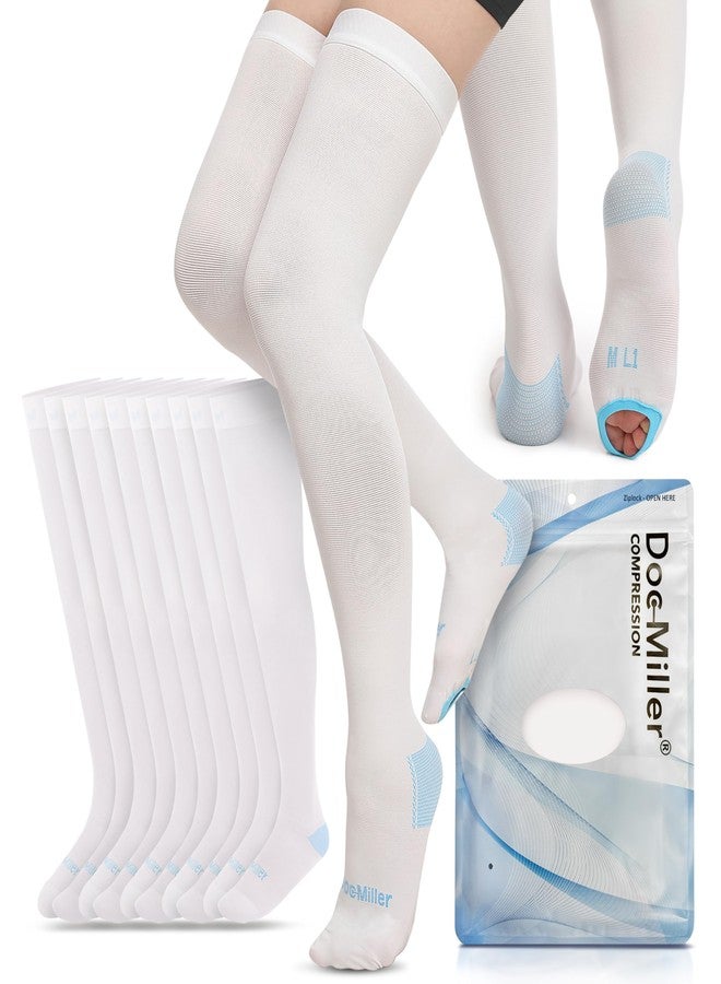 Doc Miller TED Hose Thigh High Anti Embolism Stockings for Women & Men, Hospital Style Surgical Stockings, Plus Size White Compression Socks 15-20mmHg, Support Hose with Inspection Hole, Medium (Case Pack, 5 Pairs) - Image 1