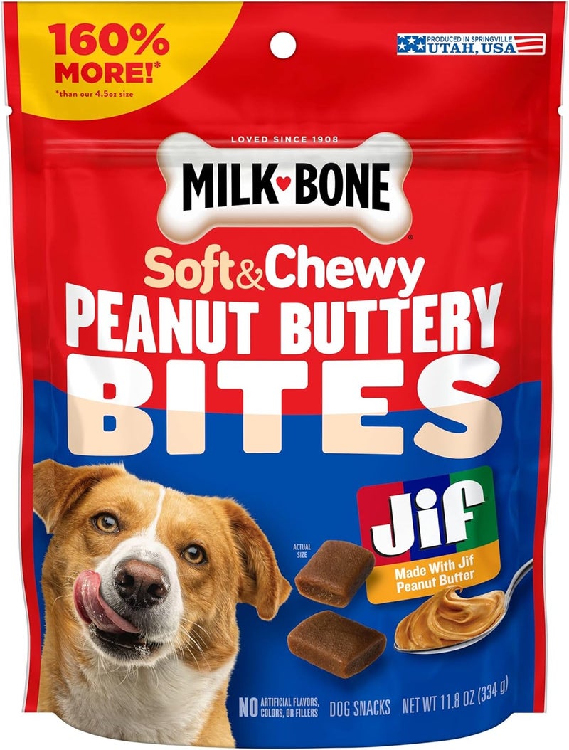 ميلك-بون حلوى الكلاب الناعمة Milk-Bone Peanut Buttery Bites مع زبدة الفول السوداني الحقيقية ولحم الخنزير المقدد، عبوة سعتها 11.8 أونصة - Image 1