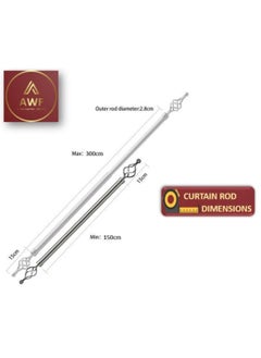 AL WADI FURNITURE Set of 2 Roman Pole Style Heavy Duty Luxury Extendable Curtain Rods, Metal Single Rods Finials Decorative End Window Treatment Rods Drapery Rods (SILVER, 150 – 300 cm)  - Image 2