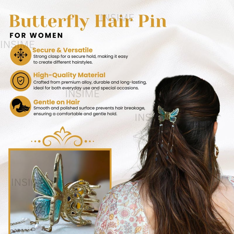 INSIME Butterfly Claw clips for Women - 3D Butterfly clutcher Hair Style Accessories - 5.5 inch Tassle Hair accessories for Women Stylish Wedding (1 Piece) - Image 2