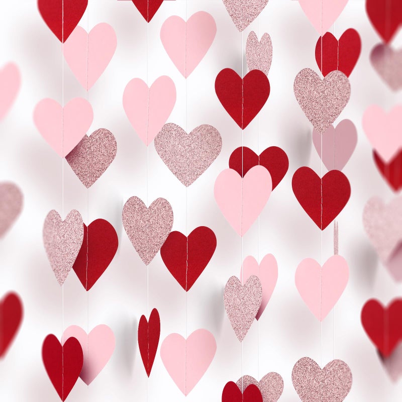 Pedel 80Pcs Heart Garland Rose-Gold Red Pink Party Decorations, Valentines Day Paper Heart Streamers Banner Garland for Galentines Engagement Wedding Hanging Supplies - Image 1