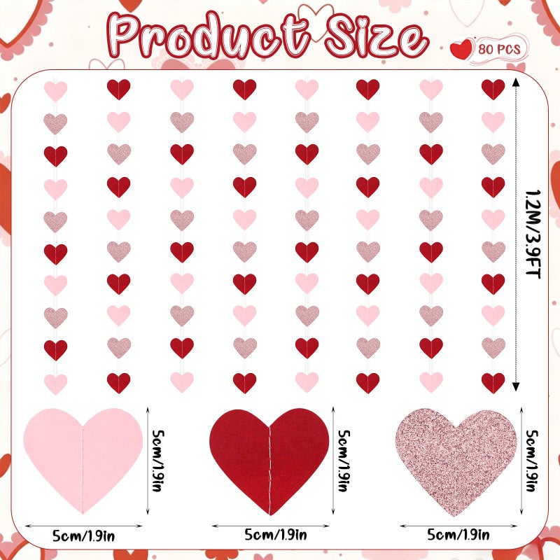 Pedel 80Pcs Heart Garland Rose-Gold Red Pink Party Decorations, Valentines Day Paper Heart Streamers Banner Garland for Galentines Engagement Wedding Hanging Supplies - Image 5