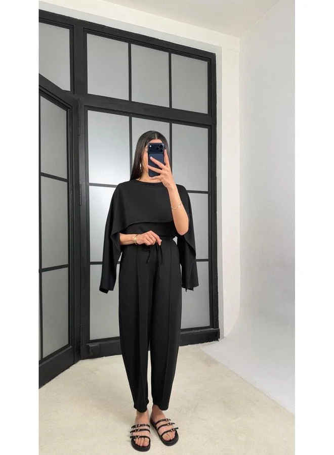 GAUS Black Cape Detailed Blouse with Elastic Waist Pants Dual‑Design Modal Set GAUS‑01499.