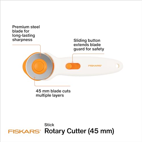 Fiskars 45mm Rotary Cutter for Fabric, Premium Steel Stick Fabric Cutter Cuts Through Multiple Layers, Right and Left Handed, Easy and Safe Blade Change, Arts and Crafts, Sewing and Quilting Tools - Image 3