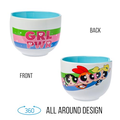 Silver Buffalo The Powerpuff Girls Girl Power Featuring Blossom, Bubbles, and Buttercup Ceramic Ramen Noodle Rice Bowl with Chopsticks, Microwave Safe, 20 Ounces - Image 2