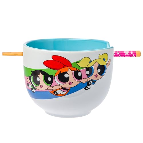 Silver Buffalo The Powerpuff Girls Girl Power Featuring Blossom, Bubbles, and Buttercup Ceramic Ramen Noodle Rice Bowl with Chopsticks, Microwave Safe, 20 Ounces - Image 1