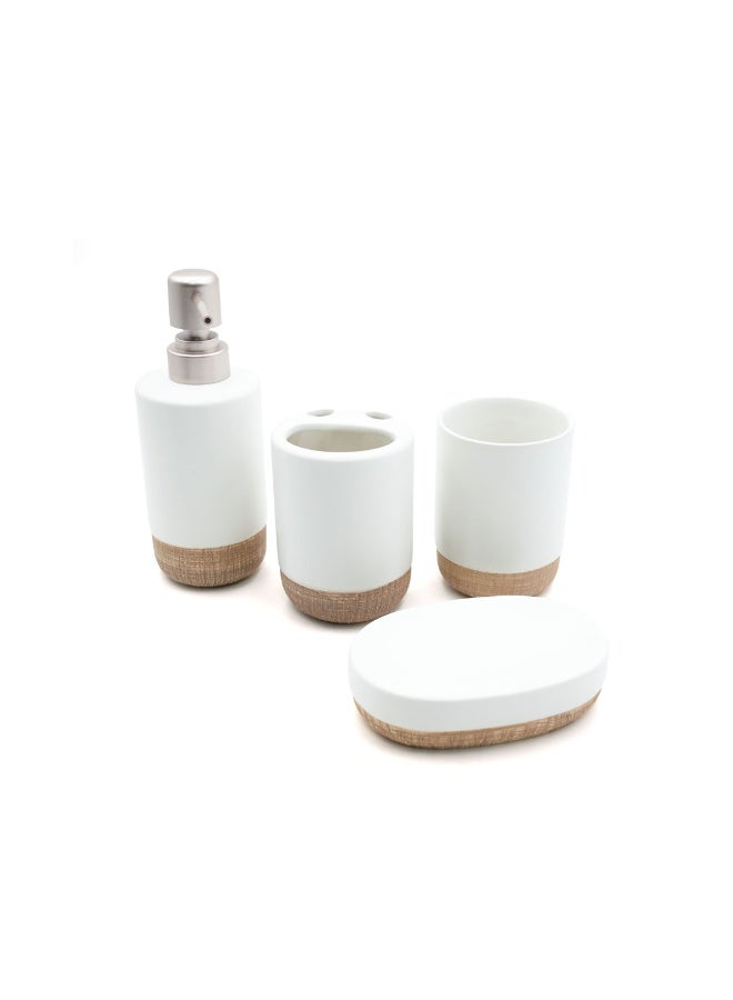 بيرام طقم ملحقات الحمام من برام ديسبنسر ذو الخطوط البسيطة 4 قطع خزفي بتشطيب غير لامع، يتضمن موزع صابون وكأس حامل فرشاة أسنان وصحن صابون مصنوع يدويًا (أبيض وبني) (طقم 4 قطع) - Image 1