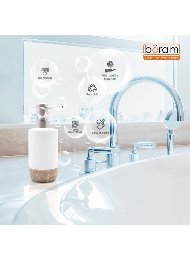 بيرام طقم ملحقات الحمام من برام ديسبنسر ذو الخطوط البسيطة 4 قطع خزفي بتشطيب غير لامع، يتضمن موزع صابون وكأس حامل فرشاة أسنان وصحن صابون مصنوع يدويًا (أبيض وبني) (طقم 4 قطع) - Image 2