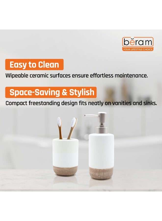 بيرام طقم ملحقات الحمام من برام ديسبنسر ذو الخطوط البسيطة 4 قطع خزفي بتشطيب غير لامع، يتضمن موزع صابون وكأس حامل فرشاة أسنان وصحن صابون مصنوع يدويًا (أبيض وبني) (طقم 4 قطع) - Image 3