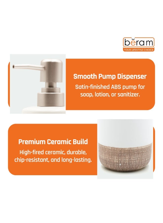 بيرام طقم ملحقات الحمام من برام ديسبنسر ذو الخطوط البسيطة 4 قطع خزفي بتشطيب غير لامع، يتضمن موزع صابون وكأس حامل فرشاة أسنان وصحن صابون مصنوع يدويًا (أبيض وبني) (طقم 4 قطع) - Image 4