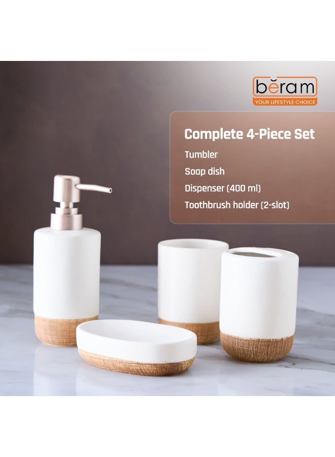 بيرام طقم ملحقات الحمام من برام ديسبنسر ذو الخطوط البسيطة 4 قطع خزفي بتشطيب غير لامع، يتضمن موزع صابون وكأس حامل فرشاة أسنان وصحن صابون مصنوع يدويًا (أبيض وبني) (طقم 4 قطع) - Image 5