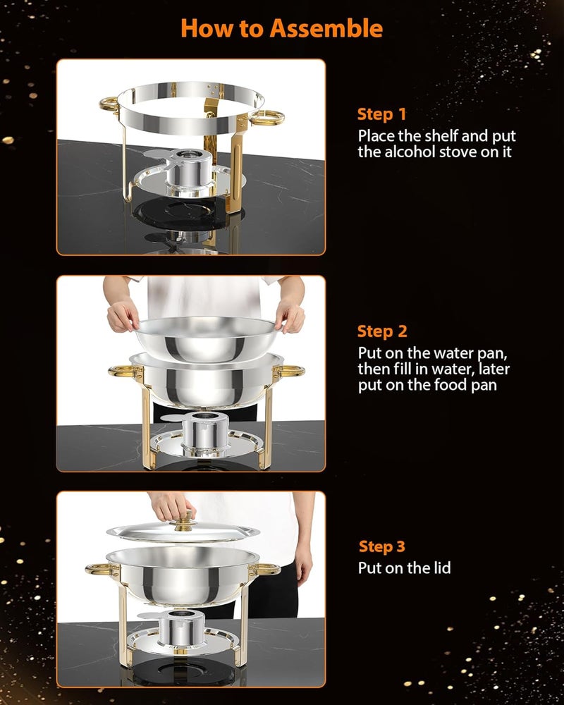 Takywep 5QT 2 Packs Chafing Dish Buffet Set, NSF Round Stainless Steel Chafers and Warmers Food Servers Sets with Lid & Lid Holder, Spoon & Tweezer for Catering Events Parties Weddings Dinners, Gold - Image 3