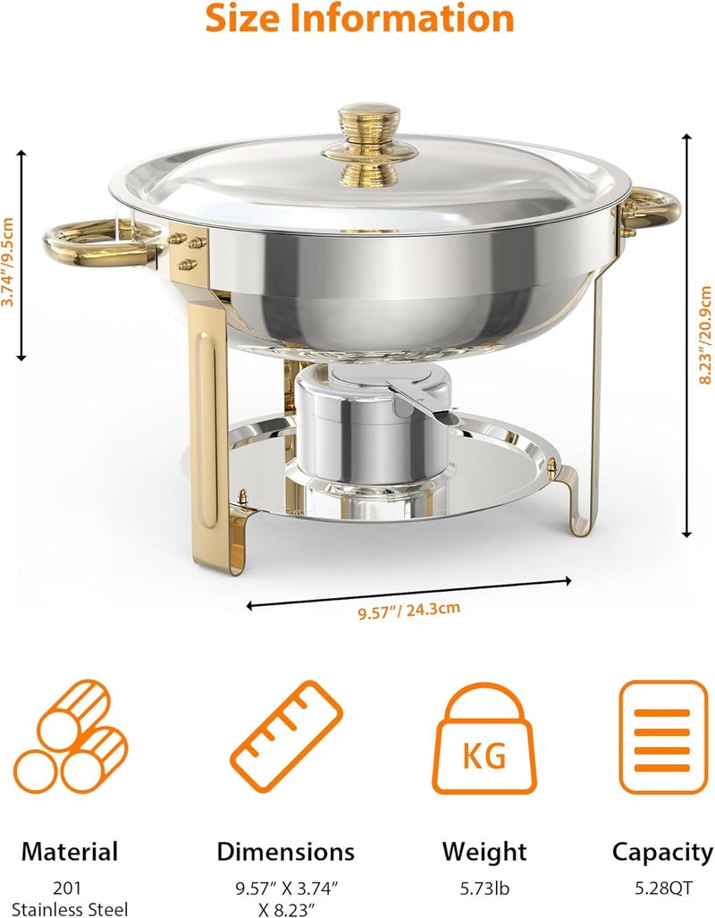 Takywep 5QT 2 Packs Chafing Dish Buffet Set, NSF Round Stainless Steel Chafers and Warmers Food Servers Sets with Lid & Lid Holder, Spoon & Tweezer for Catering Events Parties Weddings Dinners, Gold - Image 5