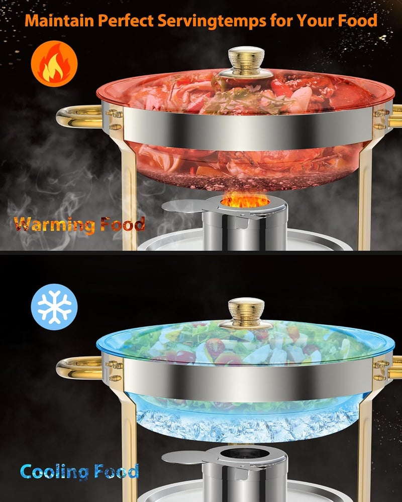 Takywep 5QT 2 Packs Chafing Dish Buffet Set, NSF Round Stainless Steel Chafers and Warmers Food Servers Sets with Lid & Lid Holder, Spoon & Tweezer for Catering Events Parties Weddings Dinners, Gold - Image 4