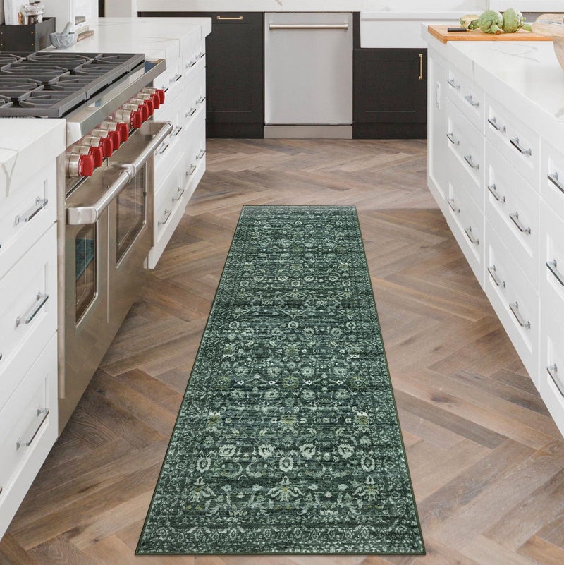 Lansny Vintage Floral 2x6 Runner Rug, Dark Green Washable Kitchen Runner Rug Non-Slip Hallway Rug Runner Boho Thin Printed Faux Wool Super Soft Carpet for Entryway Bedroom Laundry Room Indoor - Image 2