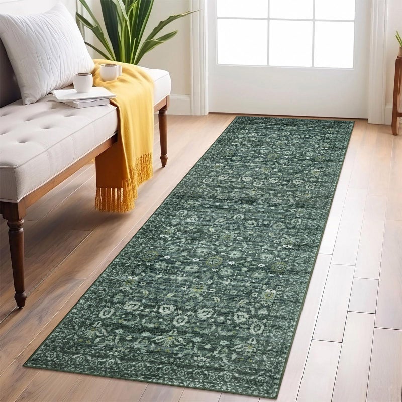 Lansny Vintage Floral 2x6 Runner Rug, Dark Green Washable Kitchen Runner Rug Non-Slip Hallway Rug Runner Boho Thin Printed Faux Wool Super Soft Carpet for Entryway Bedroom Laundry Room Indoor - Image 1