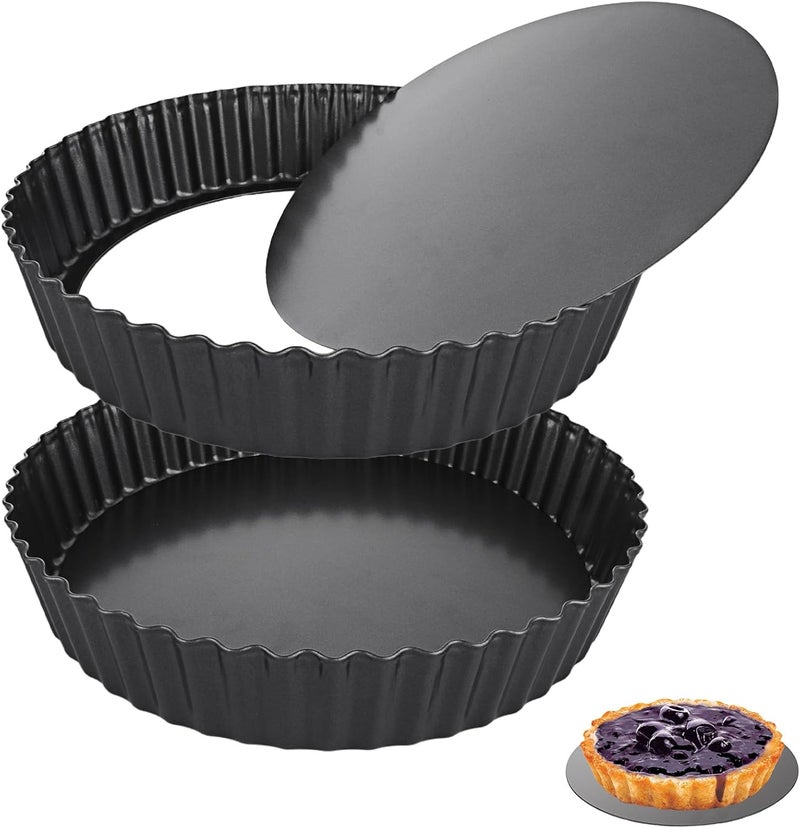 LOLYSIC 2 Pcs Deep Quiche Tins with Loose Bottom, 28cm 11inch Non Stick Tart Tin Fluted Flan Tin with Loose Base, Carbon Steel 5.5cm Deep Pie Tin Quiche Dishes for Baking, Black - Image 1