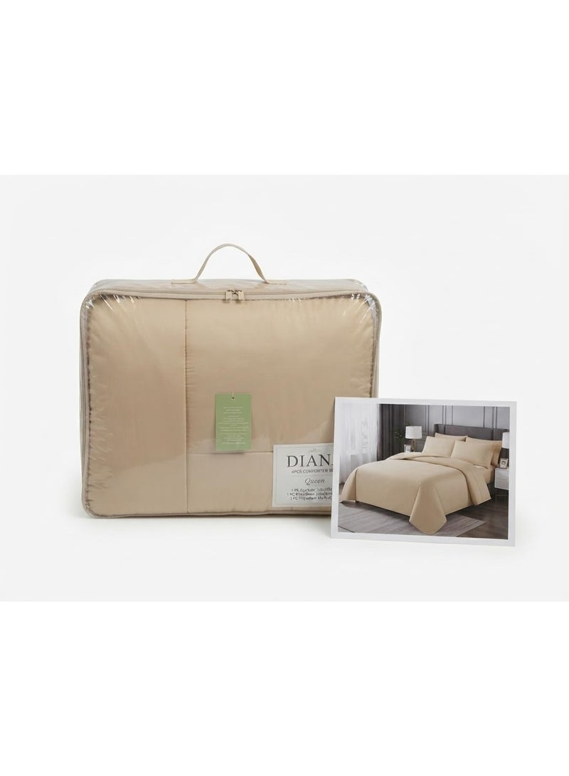 LoomsNLayers 4 Piece Comforter Set King Size, 220 x 240 cm Ultra Soft Microfibre Bedding Set with Fitted Sheet 200 x 200 + 30 cm and 2 Pillow Shams, Breathable All Season Quilt, Beige